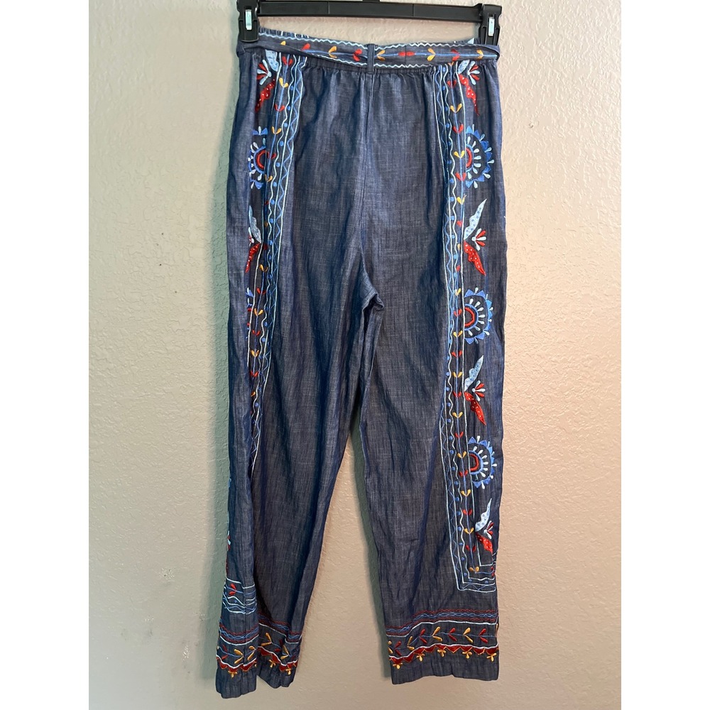 Wayward Fancies SZ M eShakti Embroidered Chambray Boho Pants Tie Waist Wide Leg